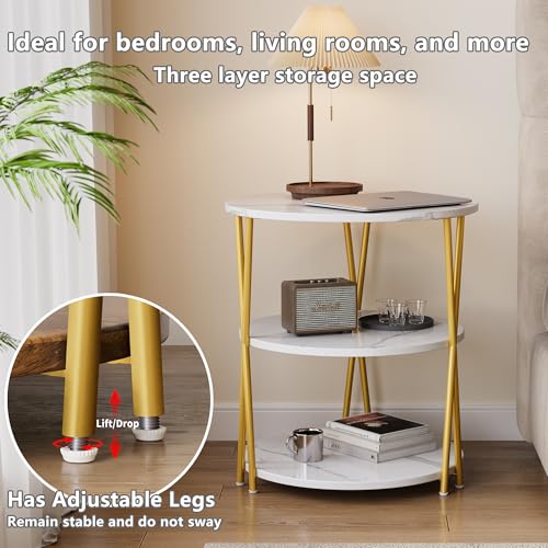 23 Inch Round Side Table 3-Tier End Table Living Room Small Patio Table Nightstands Round Coffee Table Spacious Top for Couch Bedroom 3 Storage Shelves Accent Coffee Table, Marble White - color: Marble White