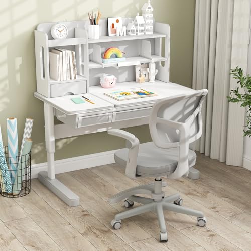 HONEY JOY Kids Desk Chair, Children Study Chair with Adjustable Height/Armrest/Footrest, Swivel Rolling Mesh Task Student Chair, Kids Computer Chair for Teens Girls Boys, Home, School, Office (Grey) - color: Grey