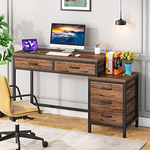 Tribesigns Computer Desk with 5 Drawers, Home Office Desks with Reversible Drawer Cabinet Printer Stand, Industrial PC Desk with Storage, Rustic Study Writing Table Workstation for Small Spaces - color: Rustic Brown