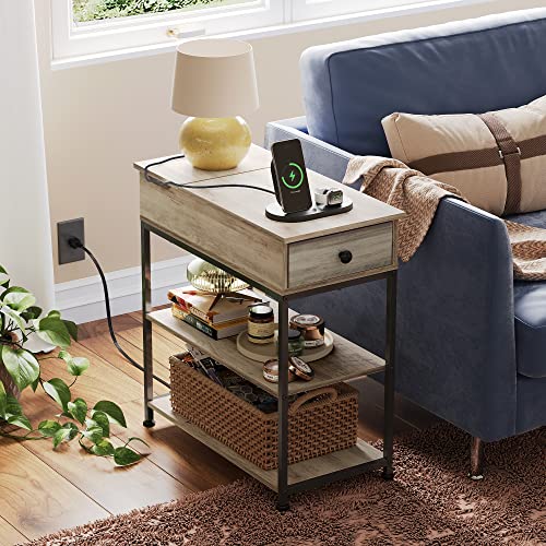 WLIVE 3-Tier Narrow Side Table with 2 USB Ports and 2 Outlets, Flip Top End Table with Drawer and Storage Shelves, Small Nightstand with Charging Station for Living Room/Bedroom, Greige - color: Greige