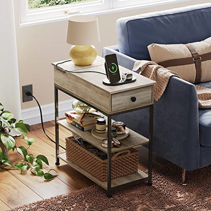 WLIVE 3-Tier Narrow Side Table with 2 USB Ports and 2 Outlets, Flip Top End Table with Drawer and Storage Shelves, Small Nightstand with Charging Station for Living Room/Bedroom, Greige - color: Greige