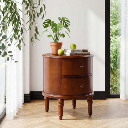 Round End Side Table with 2 Storage Drawers, Sofa Beside Tables for Living Room, No-Tools Assembly, Nightstand with Carved Wood Legs for Bedroom, 17.7" Dia x 20.1" H Honey Amber YBG-B5598-MG - style: Round End Table