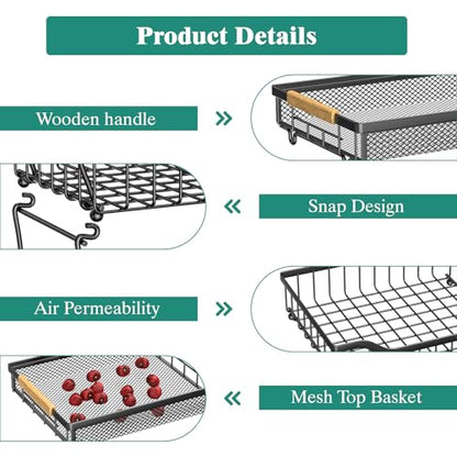 Giwil 3 Tier Countertop Fruit Mesh Basket for Kitchen, Vegetable Storage Bread Fruit Bowl Stand with 2 Banana Hooks, Wall Mounted Metal Wire Basket Organizer for Potato Onion, Black - size: 3 Tier Mesh Basket Top