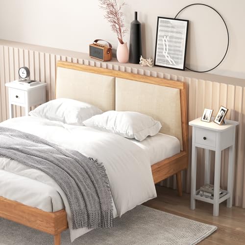 Tangkula 2-Tier Narrow Side Table with Drawer, Acacia Wood Tall End Table for Small Spaces, Farmhouse Slim Bedside Table with Open Shelf, Nightstand for Living Room, Bedroom, No Assembly (2, White) - color: White
