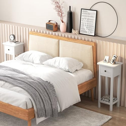 Tangkula 2-Tier Narrow Side Table with Drawer, Acacia Wood Tall End Table for Small Spaces, Farmhouse Slim Bedside Table with Open Shelf, Nightstand for Living Room, Bedroom, No Assembly (2, White) - color: White