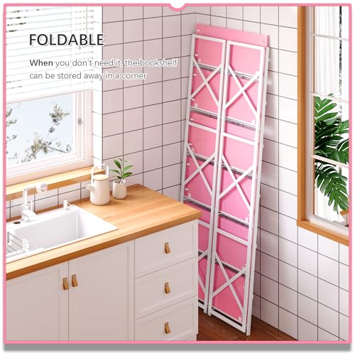 4NM 6 Tiers No Assembly Book Shelves, 61.8" H Folding Bookshelf Bookcase Open Industrial Foldable Shelves for Bedroom, Living Room, Home Office - Pink White - color: Pink White, size: XX 6-Tier