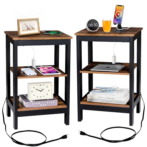VECELO End Table with Charging Station and USB Ports, Small Wood Nightstand Modern, 24" Tall Living Room Side Table with 3-Tier Storage Shelves for Small Spaces, Office, Bedroom, Retro Brown, Set of 2 - color: Retro Brown, size: 2 Pack
