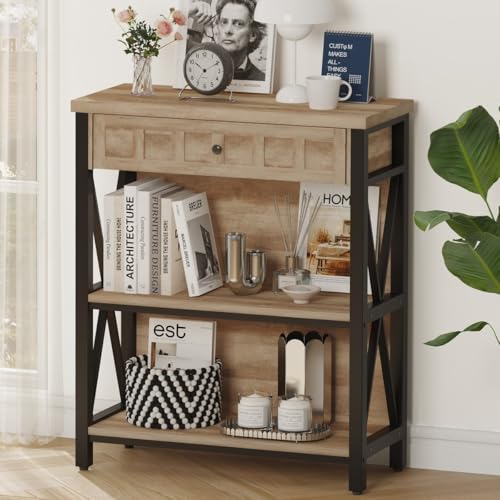 Rustic Bookshelf with Drawer, Industrial Wood and Metal Bookcase, Small Short Book Shelf and Low Book case for Small Space (Rustic Oak) - color: Rustic Oak, size: With Drawer