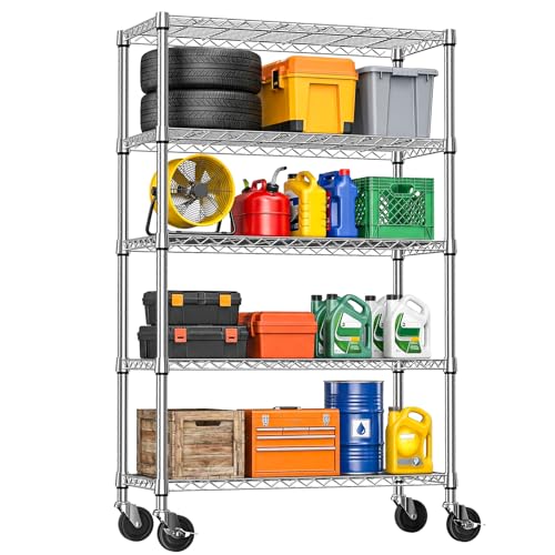 IZEUK 5-Tier Storage Shelving Unit with Wheels, Adjustable Heavy Duty Steel Wire Rack Organizer (Chrome, 17.7" D x 47.2" W x 76.7" H, 1750 lbs Capacity) for Garage, Kitchen, Pantry, Laundry, Basement - color: Chrome, size: 17.7" D x 47.2" W x 76.7"H