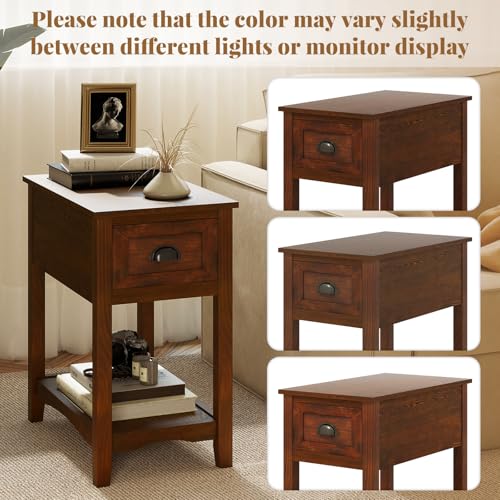 Giantex End Table with Drawer Set of 2, Retro Narrow Side Table, Nightstand with Solid Wood & Storage Shelf, Bedside Table for Living Room Bedroom Small Space Home Office (2, Walnut) - color: Walnut