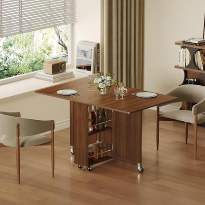 52.7" Folding Dining Table with 6 Wheels, Foldable Dining Table with Drawer, Shelves and Wine Racks, Drop Leaf Table for Small Spaces, Suitable for Kitchen, Dining Room, Apartment (Walnut) - color: Walnut