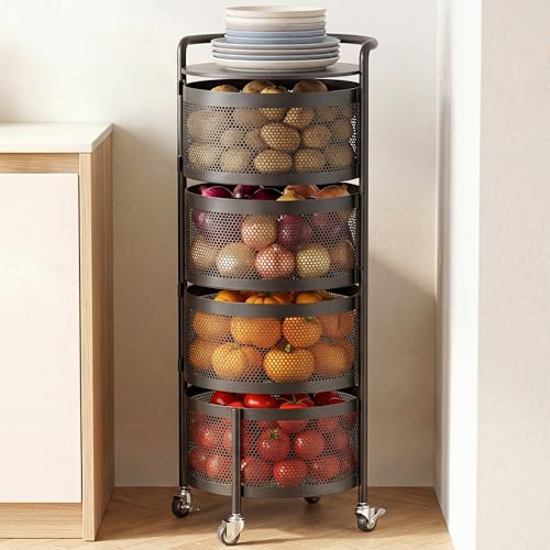 JAQ No Assembly Rotating Kitchen Storage Rack, 4-Tier Metal Basket Organizer with Wheels, Vegetable & Fruit Storage Cart for Pantry, Potato and Onion Storage, Black - color: 4-tier/Black