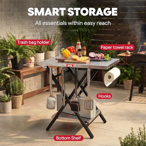Feasto Outdoor Grill Table, Folding Prep Table, 30" x 24", Stainless Steel | with Garage Rack & Tissue Holder, Foldable Pizza Oven Stand & Griddle Stand for Gathering and Party - color: Silver