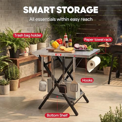 Feasto Outdoor Grill Table, Folding Prep Table, 30" x 24", Stainless Steel | with Garage Rack & Tissue Holder, Foldable Pizza Oven Stand & Griddle Stand for Gathering and Party - color: Silver
