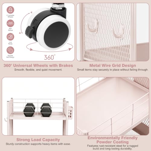 3 Tier Rolling Storage Cart Metal Utility Cart with Wheels | Office Organizer with Hooks & Hanging Cups, Mobile Shelving Unit for Kitchen Nursery Craft Snack Book - color: Blush Pink