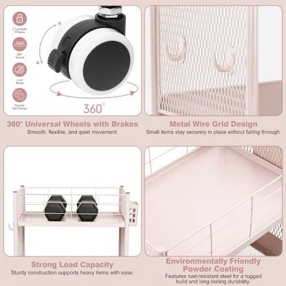 3 Tier Rolling Storage Cart Metal Utility Cart with Wheels | Office Organizer with Hooks & Hanging Cups, Mobile Shelving Unit for Kitchen Nursery Craft Snack Book - color: Blush Pink