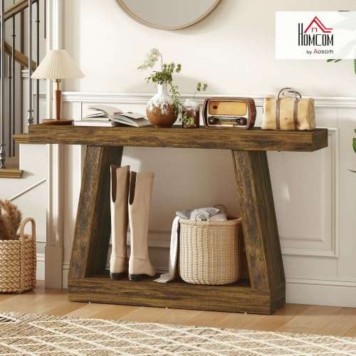 HOMCOM 55.1" Narrow Entryway Table with Thickened Tabletop Rustic Brown | 2-Tier Farmhouse Console Table, Storage Shelf, Trapezoidal Base, for Behind Couch Sofa, Living Room, Hallway, Entrance - size: 55.1" W
