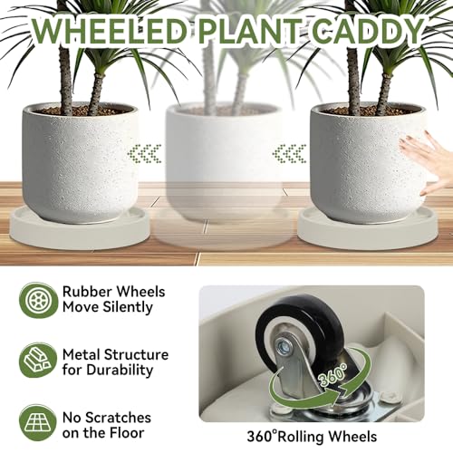 2 Pcs Plant Caddy with Hidden Wheels 11 Inch Heavy Duty Rolling Plant Stand, Indoor Outdoor Plant Saucer Tray with $9.9 Garden Tools (Beige) - size: 11.22 Inches of 2 Pack (Beige)