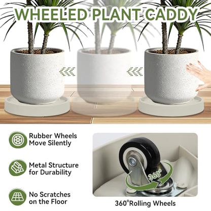 2 Pcs Plant Caddy with Hidden Wheels （1 10" and 1 11"） Heavy Duty Rolling Plant Stand, Indoor Outdoor Plant Saucer Tray with $9.9 Garden Tools (Beige) - size: 10 Inches + 11 Inches (Beige)