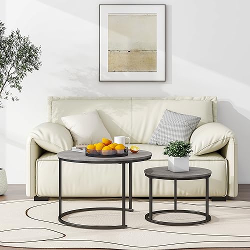 HOJINLINERO Round Nesting Coffee Tables Set of 2,Black+Warm Grey,Large | Center Tables for Living Room,Bedroom,Office,Home Small Space,Stacking Side Tables,Sturdy and Easy Assembly,Wood Desktop - color: Grey, size: Large