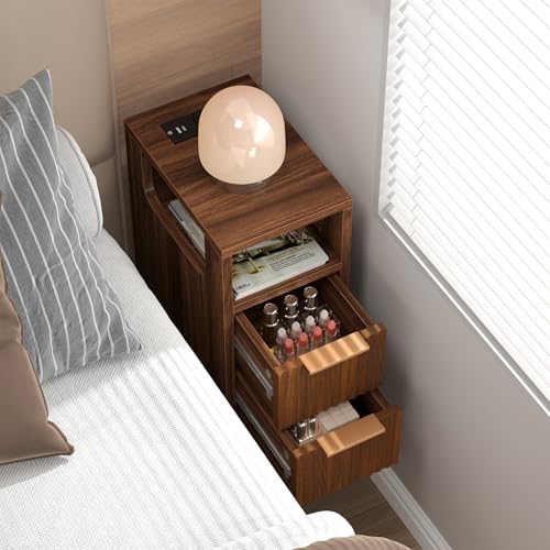 ELYKEN 7.9" Small Narrow Side Table with Charging Station, 24.4" H Skinny Fluted Nightstand with 2 Drawers, Solid Wood Feet, Open Storage, Slim End Table for Small Spaces, Bedroom, Walnut - color: Walnut-1 Pcs