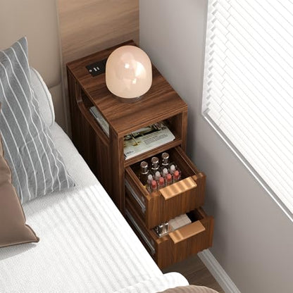 ELYKEN 7.9" Small Narrow Side Table with Charging Station, 24.4" H Skinny Fluted Nightstand with 2 Drawers, Solid Wood Feet, Open Storage, Slim End Table for Small Spaces, Bedroom, Walnut - color: Walnut-1 Pcs