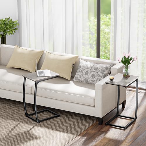 LAKEMID C Shaped End Table Set of 2,Side Table for Couch,Sofa End Table with Metal Frame,Couch Tables that Slide Under,TV Tray Table for Living Room Bedroom（Lvory） - color: Grey