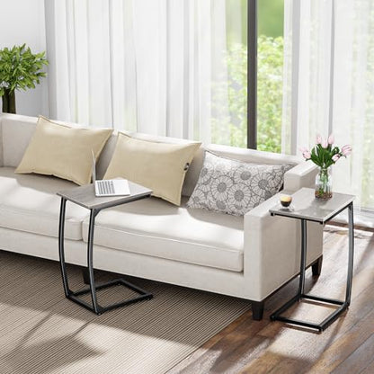 LAKEMID C Shaped End Table Set of 2,Side Table for Couch,Sofa End Table with Metal Frame,Couch Tables that Slide Under,TV Tray Table for Living Room Bedroom（Lvory） - color: Grey