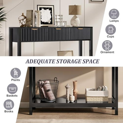 Nasonet Fluted Console Table, Wooden Sofa Table with Storage and Drawers, Farmhouse Behind Couch Table Entryway Table for Entrance, Hallway, Living Room, Black - color: Black, style: Modern