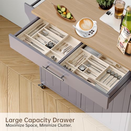 Wood Kitchen Island with Storage, Wooden Rolling Kitchen Island On Wheels with Countertop, Mobile Kitchen Island Cart with Towel Rack, Spice Rack, Adjustable Shelf and Drawers, Grey - color: Grey