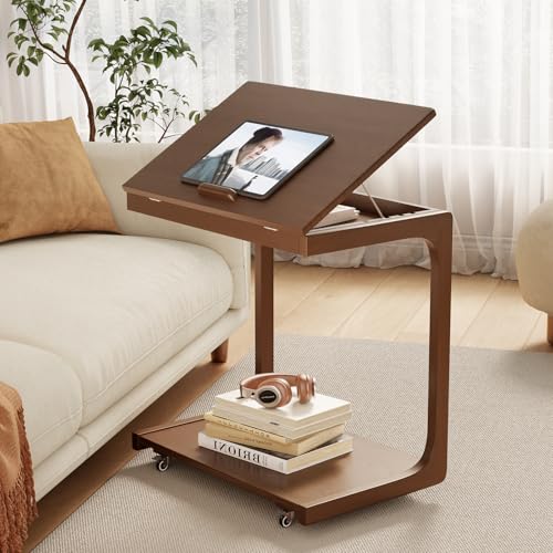 AQIMUELE Wooden C-Shaped End Table,Couch Table with Adjustable Desktop,Small Rolling Side Table with 2 Lockable Wheels 23.6" Width,Small End Table for Couch, Living Room,Bedroom (Walnut) - color: Walnut, size: 15.6"D x 23.6"W x 24.8"H, style: Modern 2 Tie