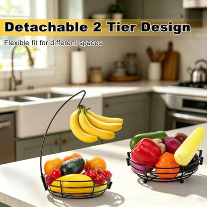 2 Tier Fruit Bowl, Stackable Fruit Basket-Vegetable Holder, Large Capacity Thick Metal Wire Basket with Banana Hanger, Kitchen Countertop Fruit Veggies Storage, Black