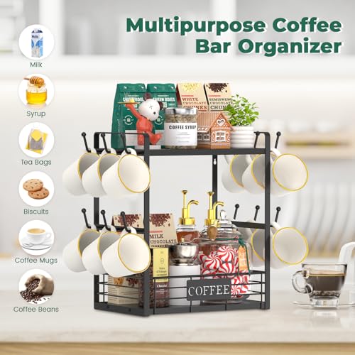EsLuker.ly Coffee Mug Cup Holder Tree Bar Station Organizer, 2 Tier Mug Stand Rack for Countertop Kitchen, Storage Tower Display Shelf with 12 Hooks, Coffee Nook Enhancer, Black - color: Black + Black