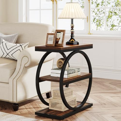 LITTLE TREE 3-Tier End Table Set of 2, Industrial Side Table with Storage Shelves, Small Sofa Side Table for Living Room, Wooden Side End Table with Round Metal Legs, Slim Nightstand and Bedside Table - color: Brown and Black