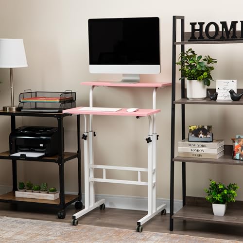 Mind Reader Standing Desk, Adjustable Height Laptop Workstation, Portable Rolling Desk on Wheels, Two-Tier Metal Frame, Pink - color: Pink
