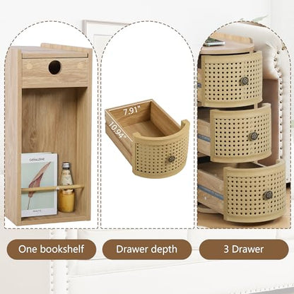 Narrow End Table Set of 2, Metal Rattan Side Table with Storage, Narrow Charging Nightstand with 3 Drawer for Bedroom Bedside, Living Room Couch Sofa, Desk Side Table for Small Spaces - Natural - size: Drawer Natural-set