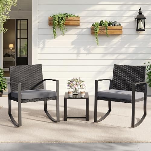 Qsun 3 Pieces Patio Furniture Set Rocking Bistro Set Outdoor Rattan Conversation with Coffee Table for Garden Balcony Backyard Poolside (Grey Cushion) - color: Grey