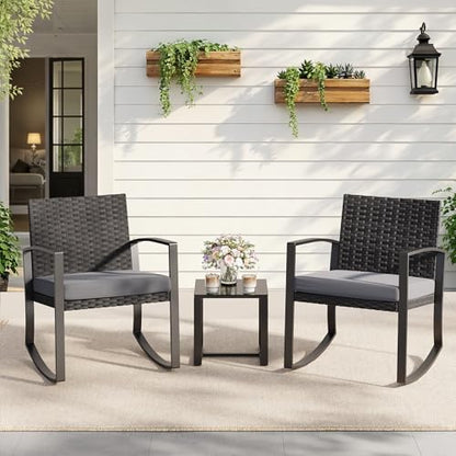 Qsun 3 Pieces Patio Furniture Set Rocking Bistro Set Outdoor Rattan Conversation with Coffee Table for Garden Balcony Backyard Poolside (Grey Cushion) - color: Grey