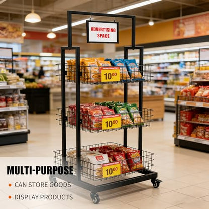 3-Tier Metal Wire Basket Display Cart with Lockable Casters and Blank Sign Holder Multipurpose Storage Rack for Snack Candy Fruit Bakery Convenience Store Kitchen Pantry