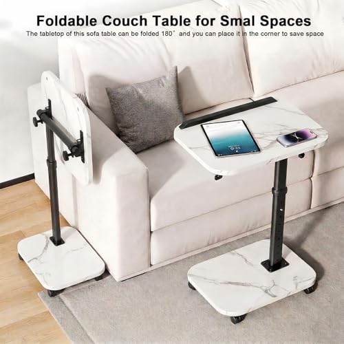 C Table End Table Adjustable Height, Rolling TV Tray Table for Small Spaces 180° Flip-Over Panel & 360° Swivel Casters,C Shaped Side Tables for Couch for Living Room/Bedroom/Bed/Sofa/Chair/Snack-White - color: White