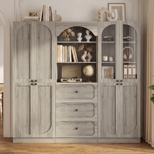 Cyclysio 80" Tall Bookcase System with 3 Drawers, Arched Bookshelf with Glass Doors, Wooden Pantry Storage Organizer Cabinets with 3-Tier Open Shelves for Living Room, Kitchen, Bathroom - color: Ash Grey