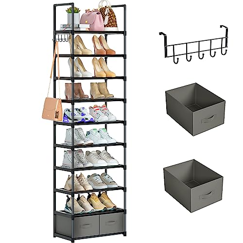 Tall Shoe Rack Narrow 10 Tier Shoes Rack 20 25 Pairs + 2 Boxes 1 Hook | Shoe Storage Organizer for Closet, Entryway, Living Room,Sturdy Metal Shoe Shelf Shoe Stand Closet Organizers and Storage - color: Black