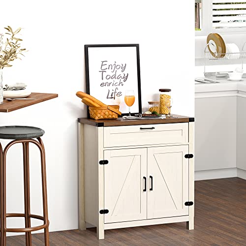 HOMCOM Sideboard, Storage Drawer, Coffee Bar Cabinet, Distressed White | Kitchen Cabinet, 2 Barn Doors, Modern Farmhouse - color: Distressed White