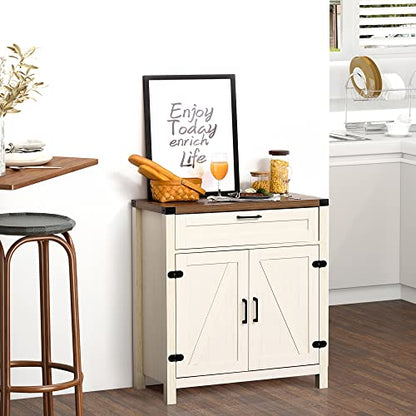 HOMCOM Sideboard, Storage Drawer, Coffee Bar Cabinet, Distressed White | Kitchen Cabinet, 2 Barn Doors, Modern Farmhouse - color: Distressed White