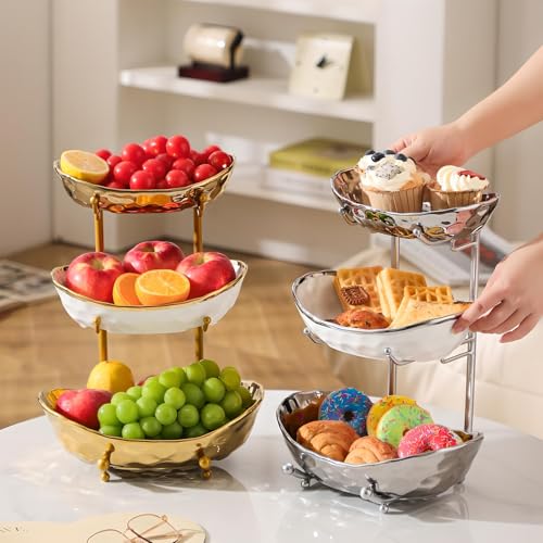 YYW 3 Tier Fruit Bowl for Kitchen Counter, White Gold Silver Ceramic Fruit Stand for Countertop, Home Fruit Rack with Metal Holder, Vegetable Snacks Nuts Bread Candy Storage (Gold (Black Holder）) - color: Gold (Black Holder）