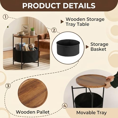 danpinera Side Table with Wood Removable Tray, Nightstand with Basket | Small Round Table for Small Space, Living Room, Bedroom, Nursery, Modern Accent Stand with Serving Tray, Walnut - color: Walnut