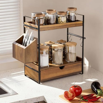 2-Tier Bathroom Counter Organizer, Acacia Wood Vanity Shelf with Drawer | Pre-Drilled Holes, Skincare & Makeup Countertop Organizer and storage, Acacia Dark Brown - color: Acacia wood-Dark Brown