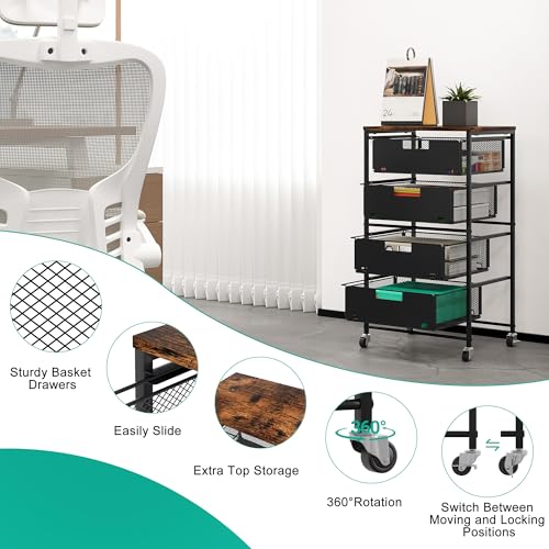 4-Drawer Storage Organizer, Under Desk Rolling File Cart with Lockable Wheels, Multi-Layer Mobile Filing Cabinet, Utility Craft Cart for Home Office,Black - size: 4 Tier