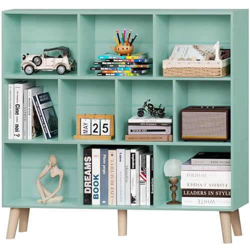 LEYAOYAO 10 Cube Bookshelf, Mid-Century Modern Book Shelf with Legs, Green | 3 Tier Bookcase, Rustic Wood Bookshelves Freestanding Large Storage Organizer, Open Shelves for Bedroom, Living Room, Office - color: Green, size: 10 Cube with Legs