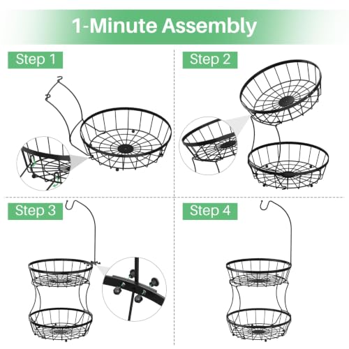 SAYZH 2-Tier Fruit Basket Bowl Stackable Vegetable Storage with Banana Tree Hanger Stand for Kitchen Countertop, Metal Wire Basket for Bread Onions Potatoes (Black)
